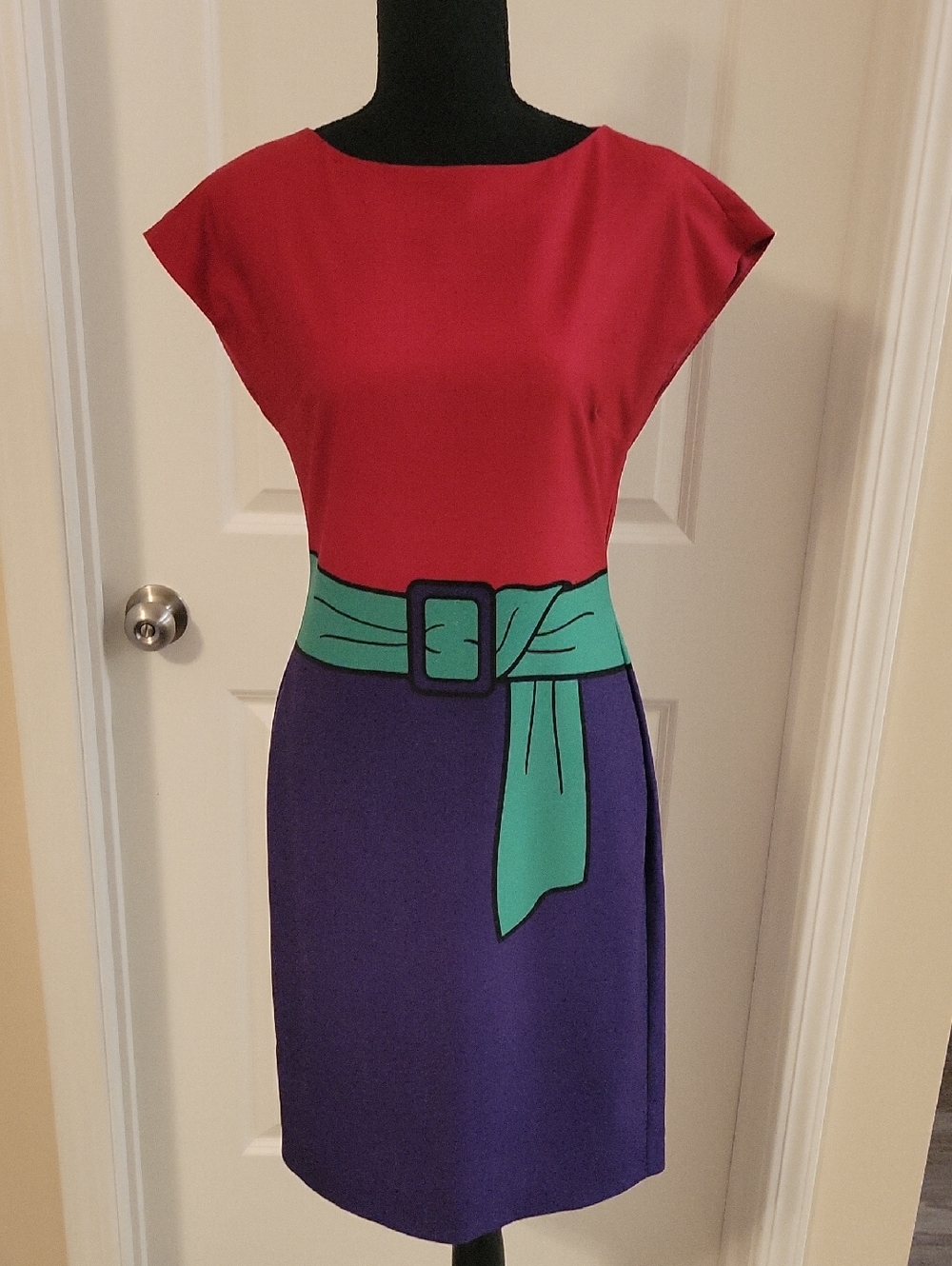 Moschino Pink, Purple and Green Colorblock Belted Midi Dress